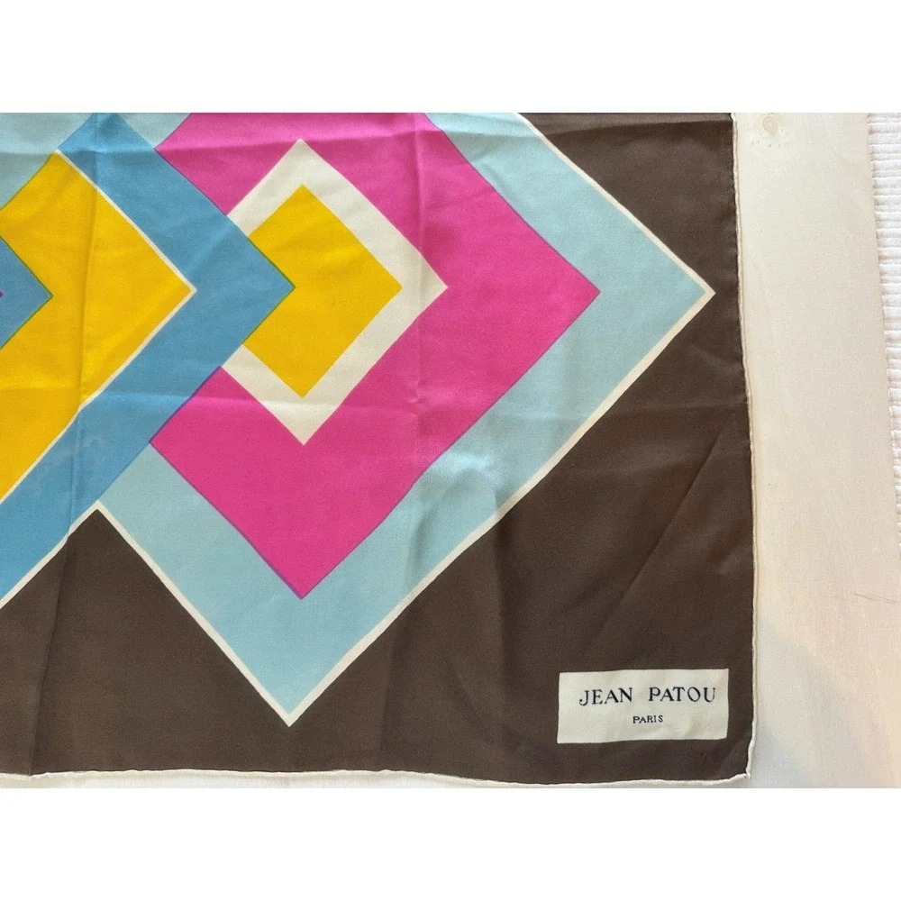 Jean Patuo Paris Geometric VTG Scarf 30''x30'' Fall 100% Silk Hand Rolled Edges